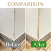 Comparison image showing before and after installation of self-adhesive metal L-shaped corner protector strips on a white wal