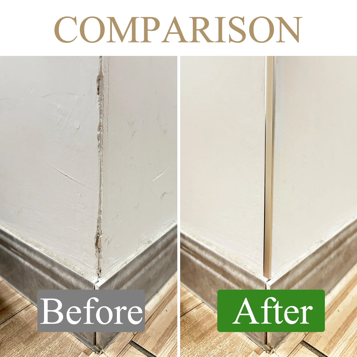 Comparison image showing before and after installation of self-adhesive metal L-shaped corner protector strips on a white wal