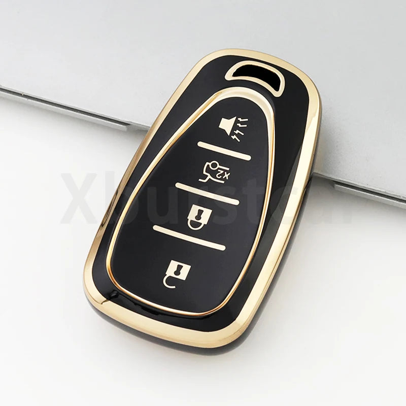A black and gold durable TPU key fob cover for a Chevrolet vehicle, showing various button icons.