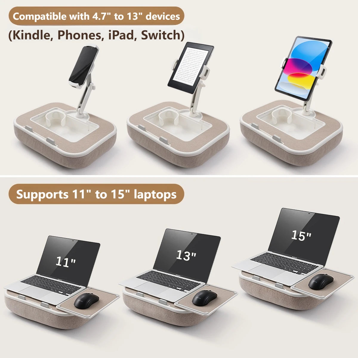 A set of 360° rotatable phone stands and lap desks shown with various compatible devices like Kindles, phones, iPads, switche