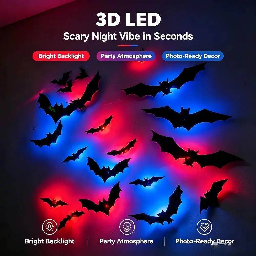 3D LED bat wall stickers showing a scary night vibe with bright backlight, party atmosphere, and photo-ready decor.