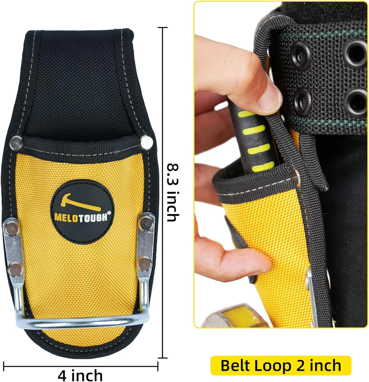 Yellow and black heavy-duty plier holster with a belt loop for work belts