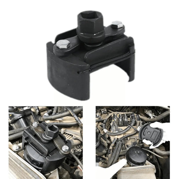 A black adjustable oil filter wrench with a square opening and silver adjustment mechanism.