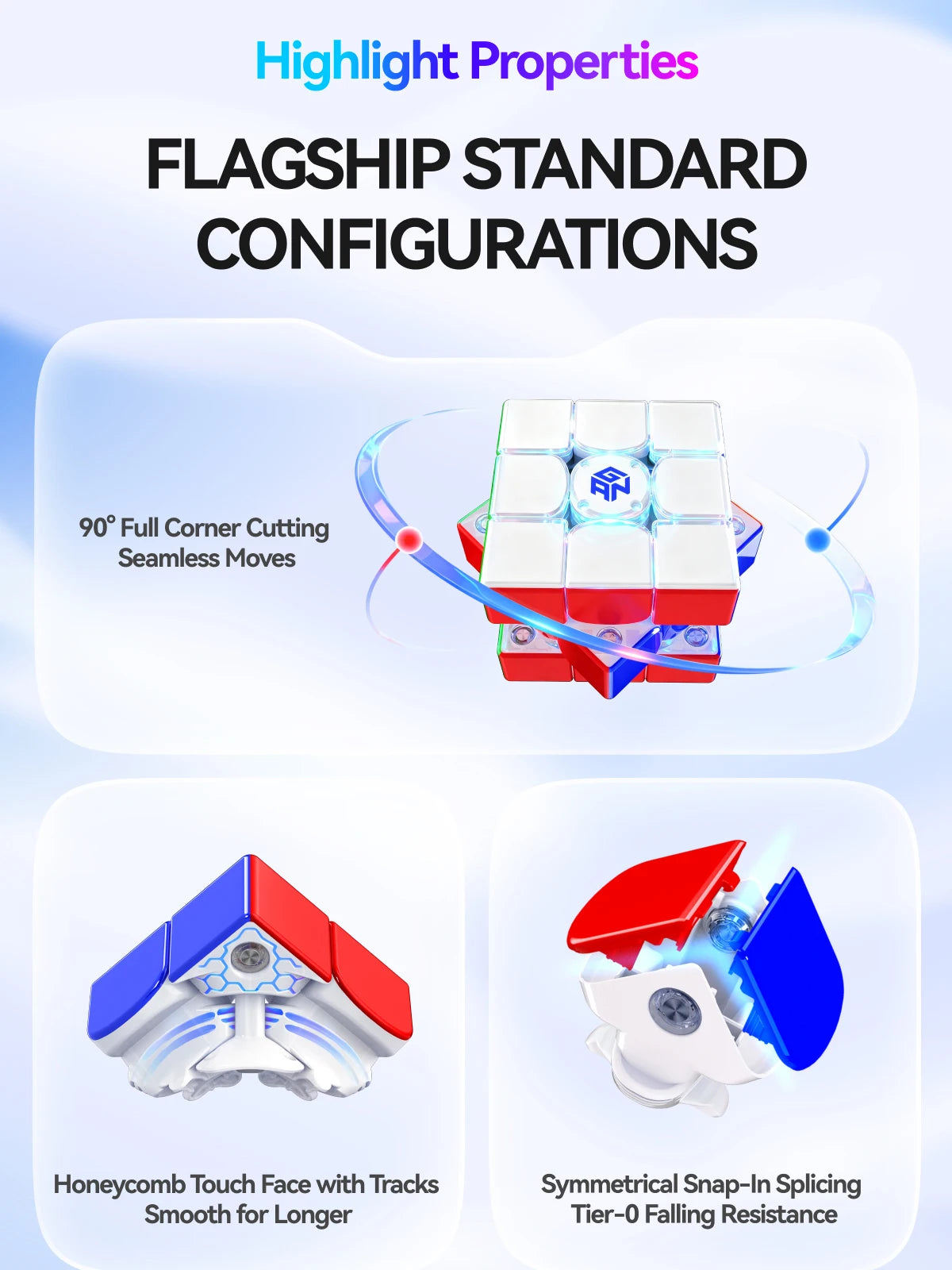 Highlighting flagship standard configurations of a speed cube featuring seamless moves and snap-in splicing.