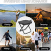 A collage showing diverse usage scenarios for a portable folding stool including fishing, camping, hiking, gathering, and que