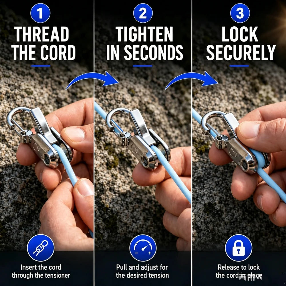 Three steps showing how to use a retractable rope tensioner with a cam buckle to secure a cord.