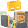 A yellow plastic battery storage holder labeled DW 18V 60V is shown next to a black battery pack.