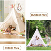 A foldable play tent with curtains is shown being used for indoor and outdoor play.