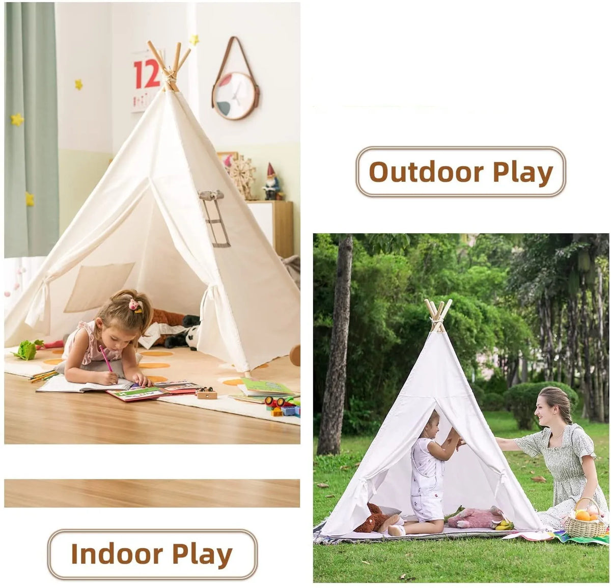 A foldable play tent with curtains is shown being used for indoor and outdoor play.