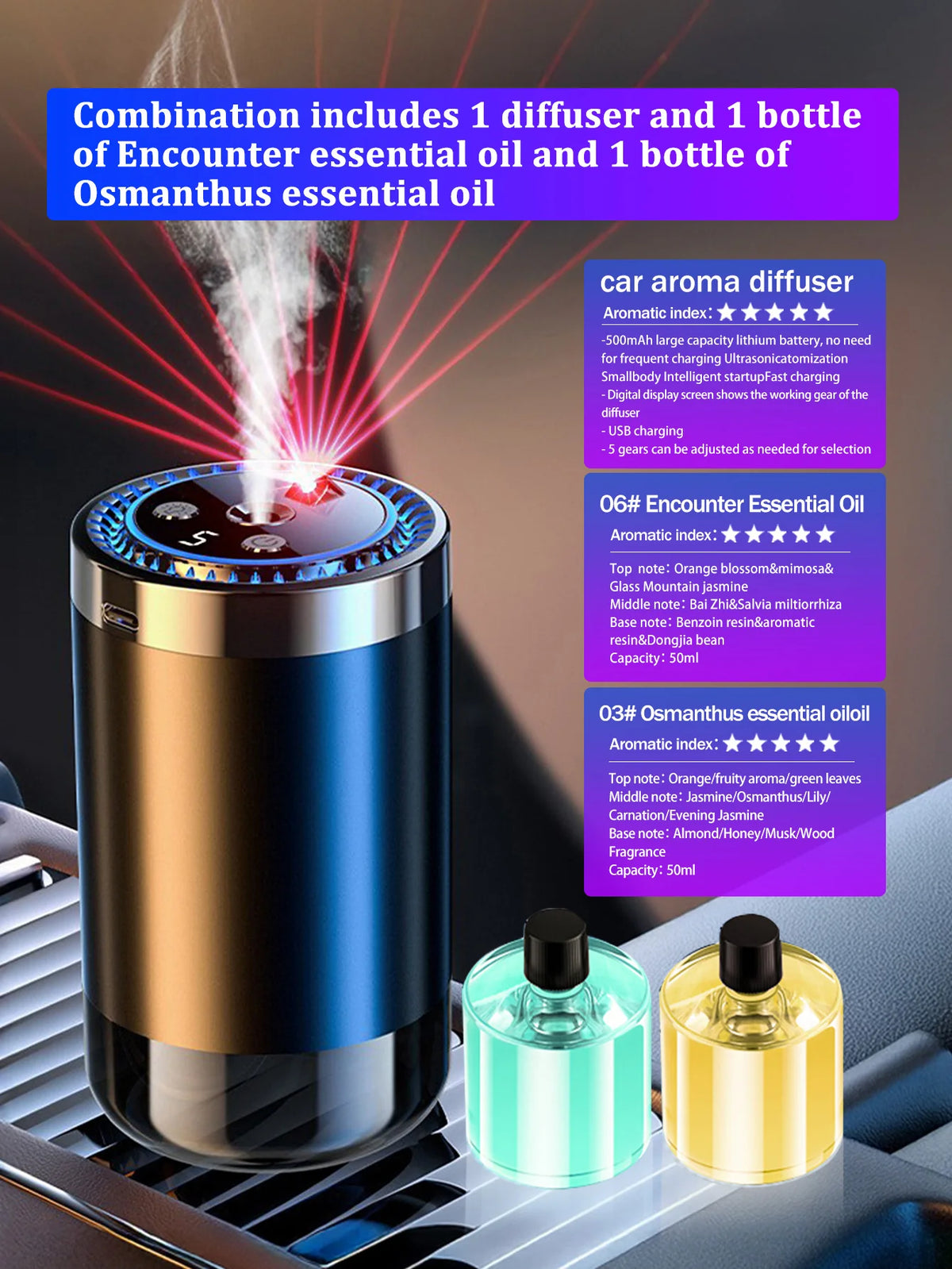 Ensemble d'un diffuseur d'huiles essentielles Encounter et une bouteille d'huile d'Osmanthus sur une surface sombre.