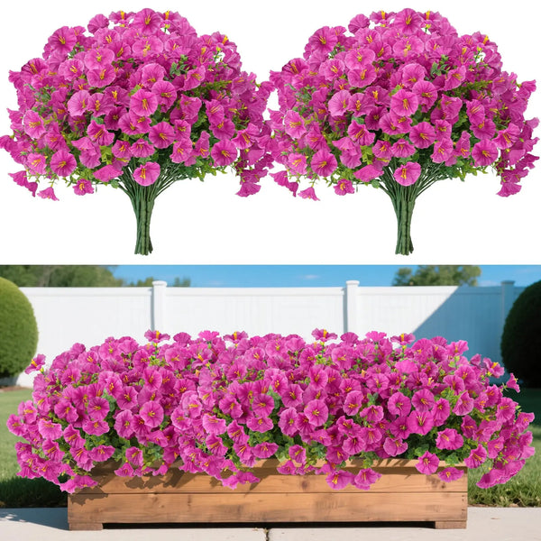 Two bouquets of vibrant pink petunia flowers displayed on a wooden planter box.