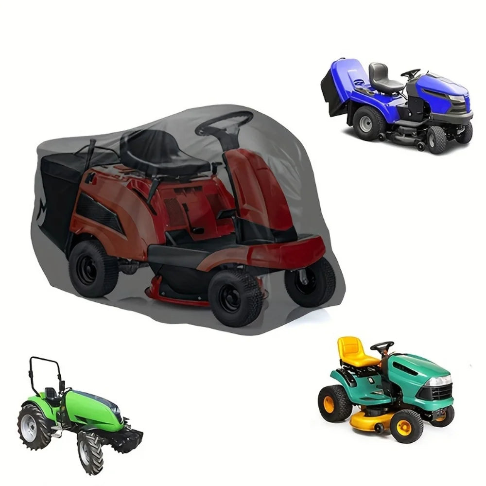 A heavy-duty waterproof yard tractor cover shown in various colors and angles.
