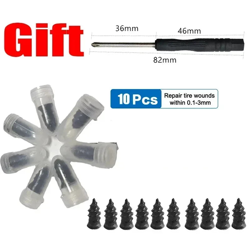A kit of self-repair rubber tire puncture nails with various sizes and a screwdriver.