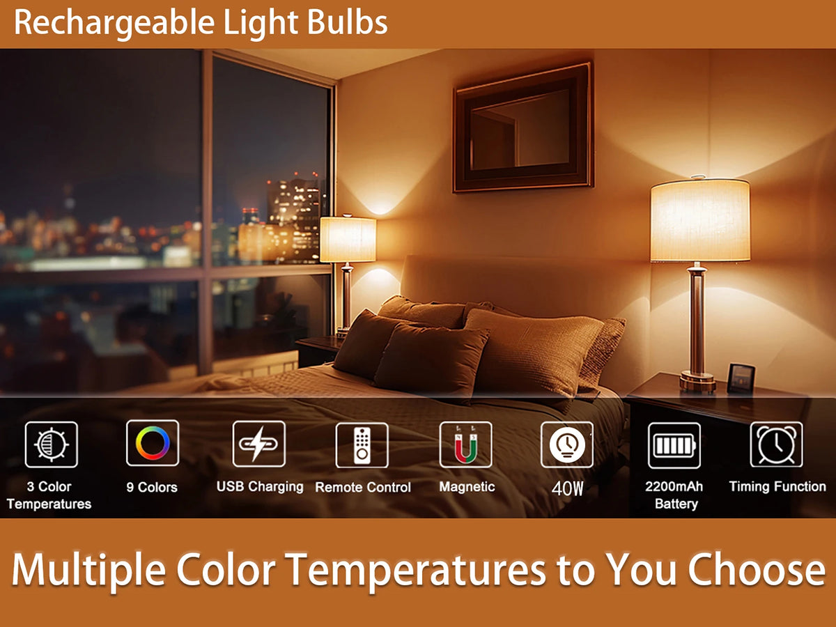 A rechargeable light bulb illuminating a bedroom, showcasing multiple color temperatures and features like USB charging and r