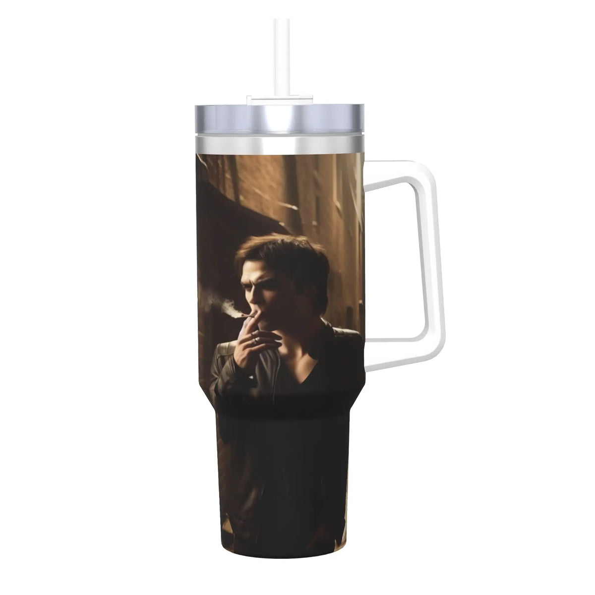 A stainless steel tumbler with a straw lid featuring a dark portrait of a man.