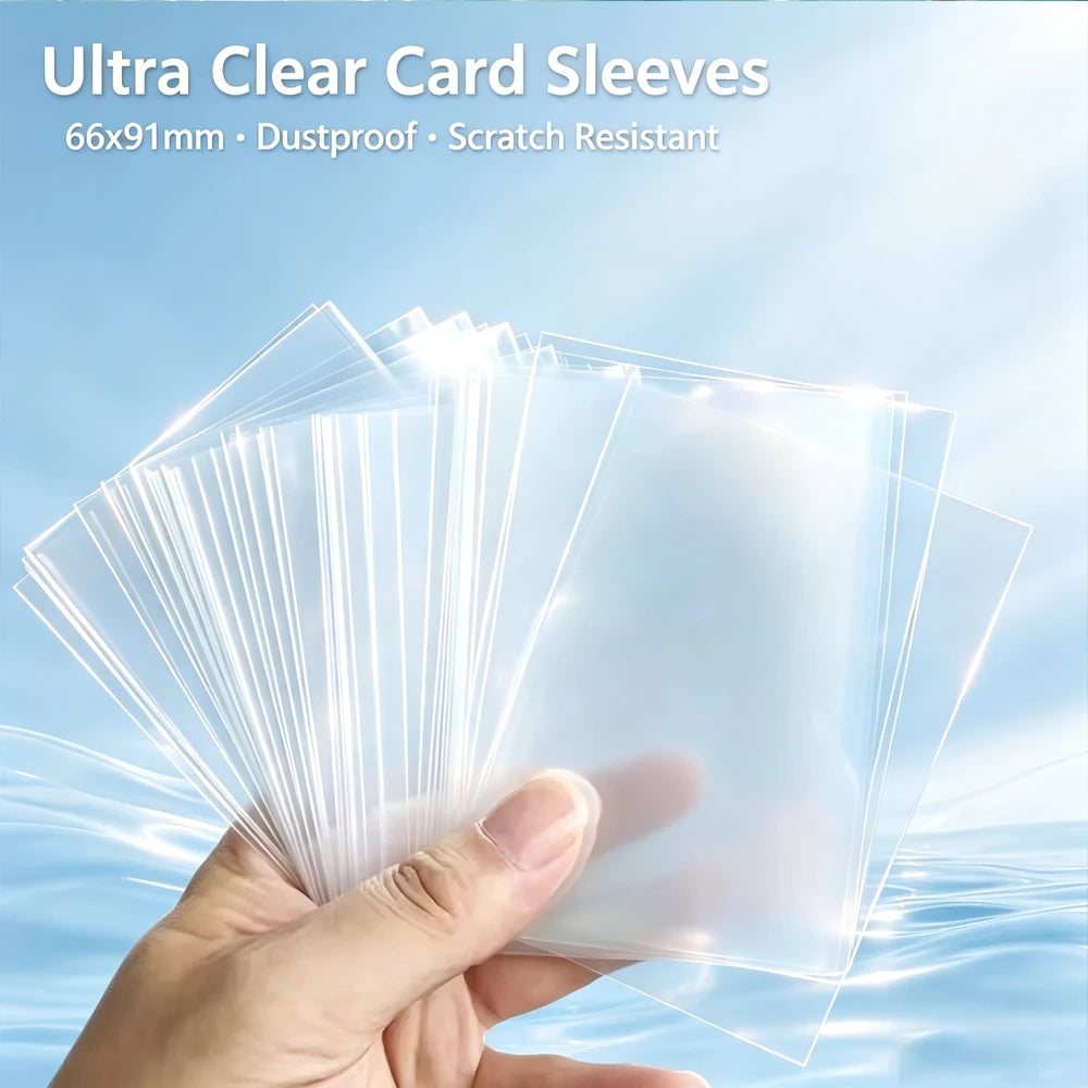 A hand holds a stack of ultra-clear plastic card sleeves for collectible cards against a light blue background.