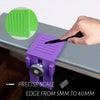 A hand uses a black pen to mark a purple vinyl cutting tool with a precise scale for edge measurements from 5mm to 40mm.