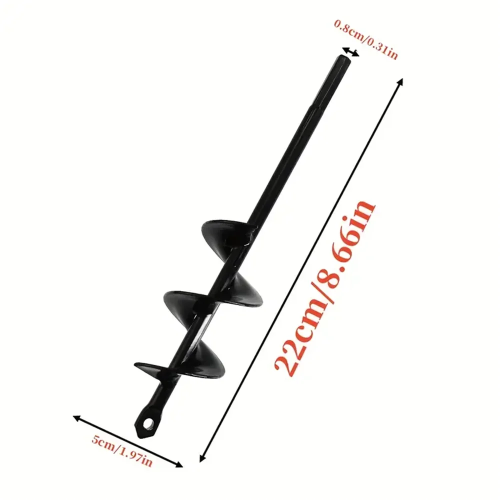 A black garden auger drill bit with a spiral design shown in a vertical view.