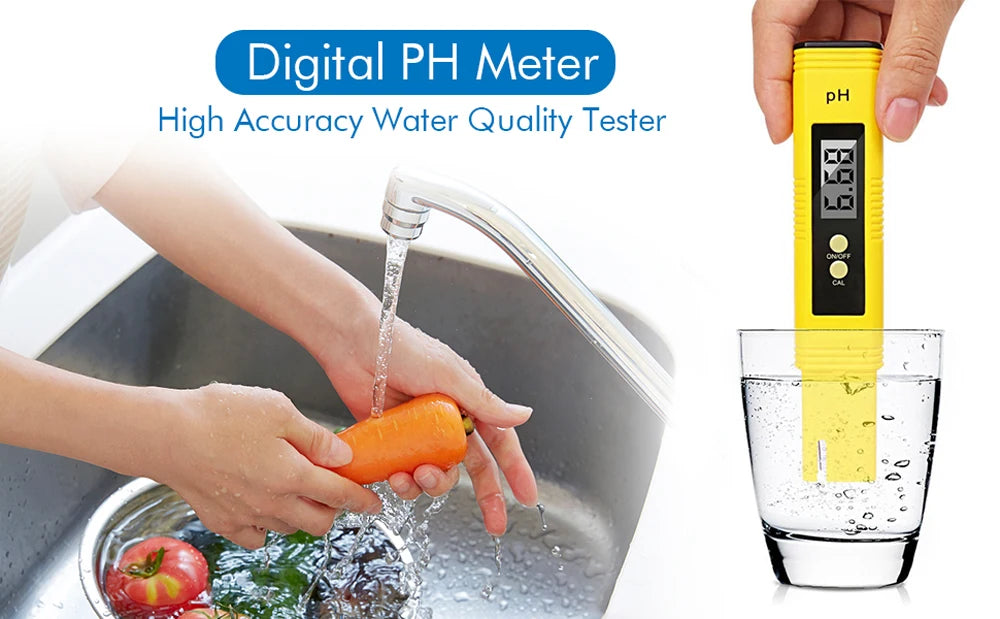 A hand holds a yellow digital pH meter testing water in a glass, with an orange carrot visible nearby.