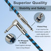 A braided guitar cable with a plated plug and metal wrapping, emphasizing superior quality, stability, and safety.