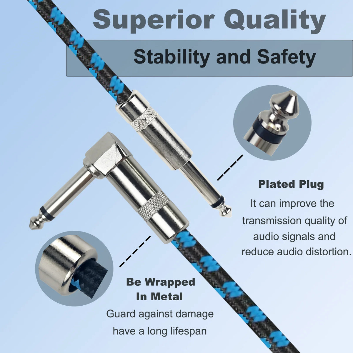A braided guitar cable with a plated plug and metal wrapping, emphasizing superior quality, stability, and safety.