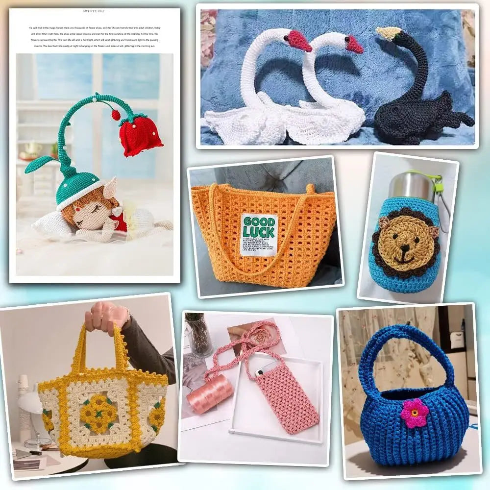A collection of knitted and crocheted items including a cat, a bag, and a lion, made from soft polyester yarn.