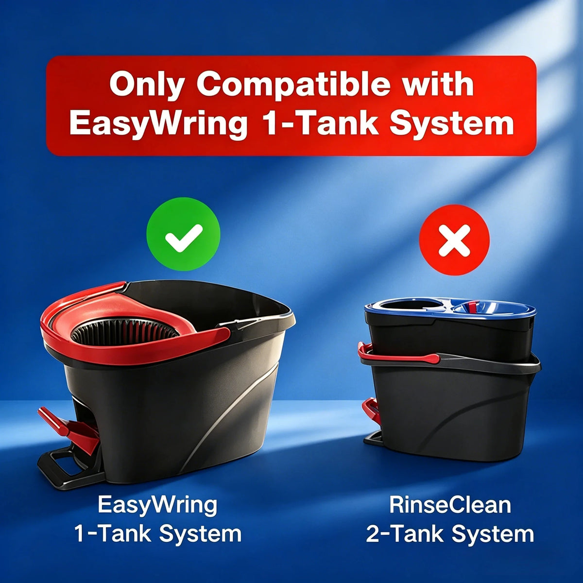 Comparison of EasyWring 1-Tank System and RinseClean 2-Tank System mop buckets.