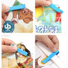 Hand holding blue clips used to secure a garbage bag holder onto a trash can or snack bag.