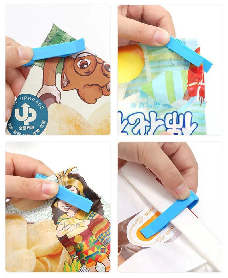 Hand holding blue clips used to secure a garbage bag holder onto a trash can or snack bag.