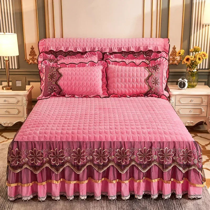 Crystal Velvet Gold Lace Bed Skirt with Anti-Slip Base