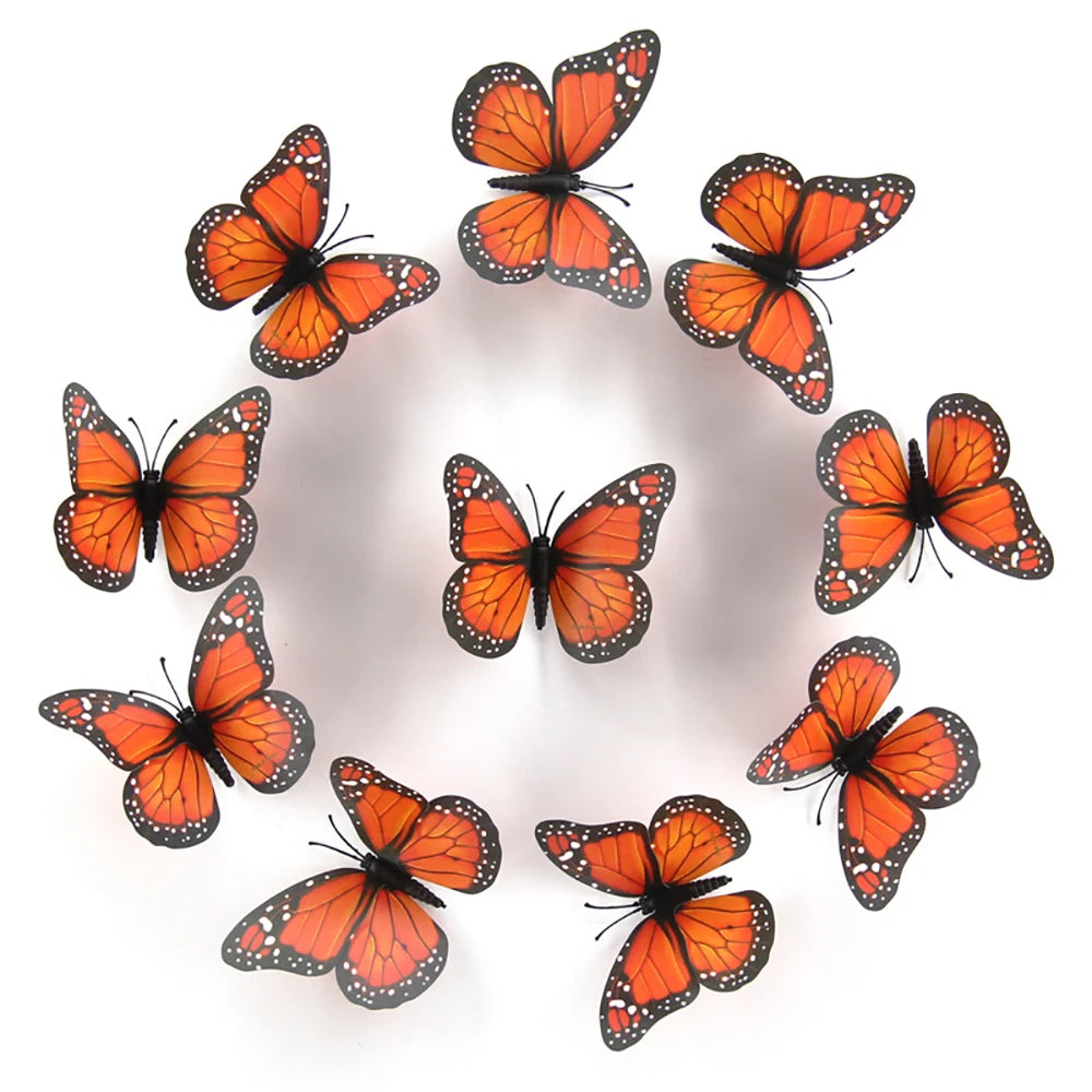 A circular arrangement of ten realistic orange and black monarch butterfly magnets