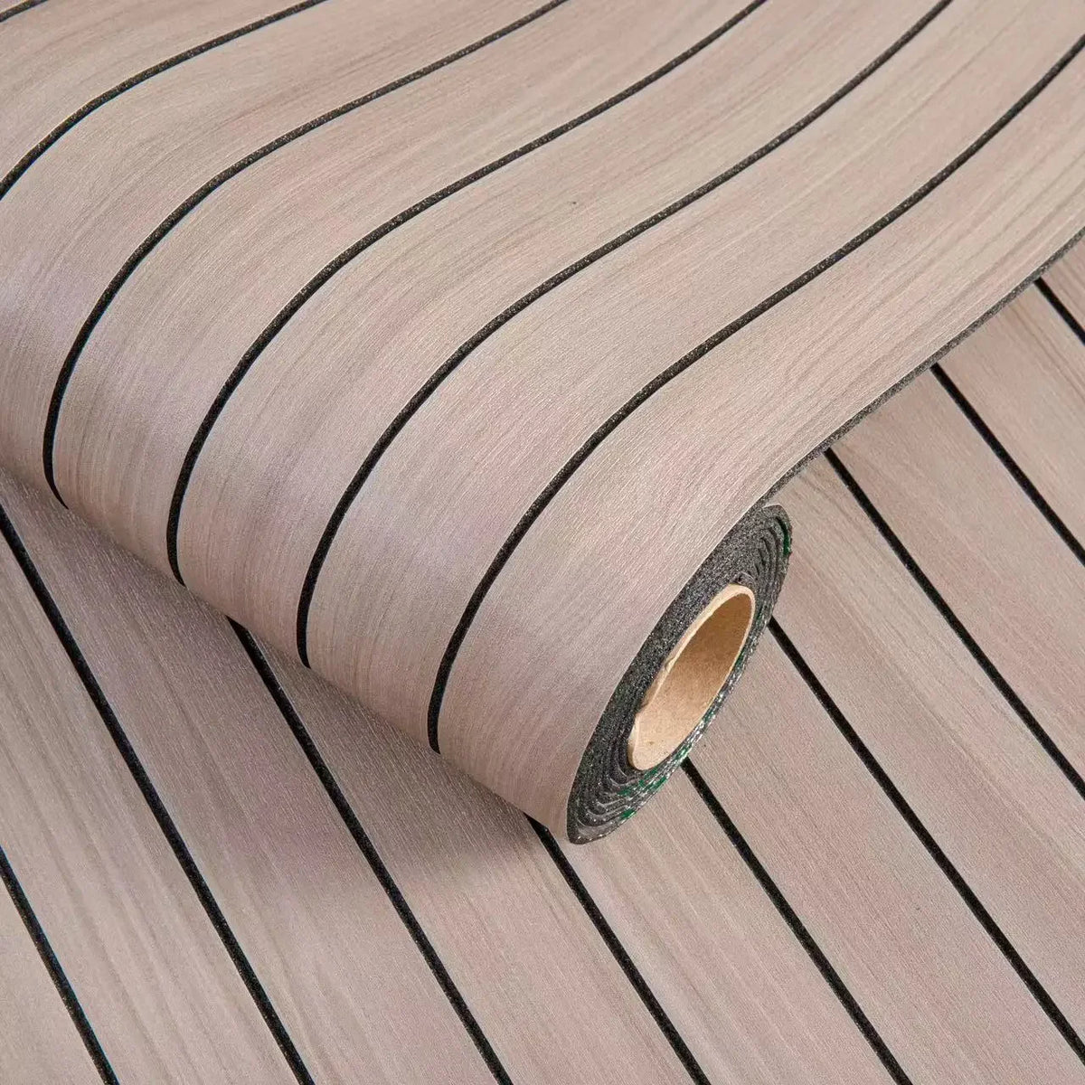 Roll of 3D grille pattern peel-and-stick wallpaper showing vertical stripes on a light beige background