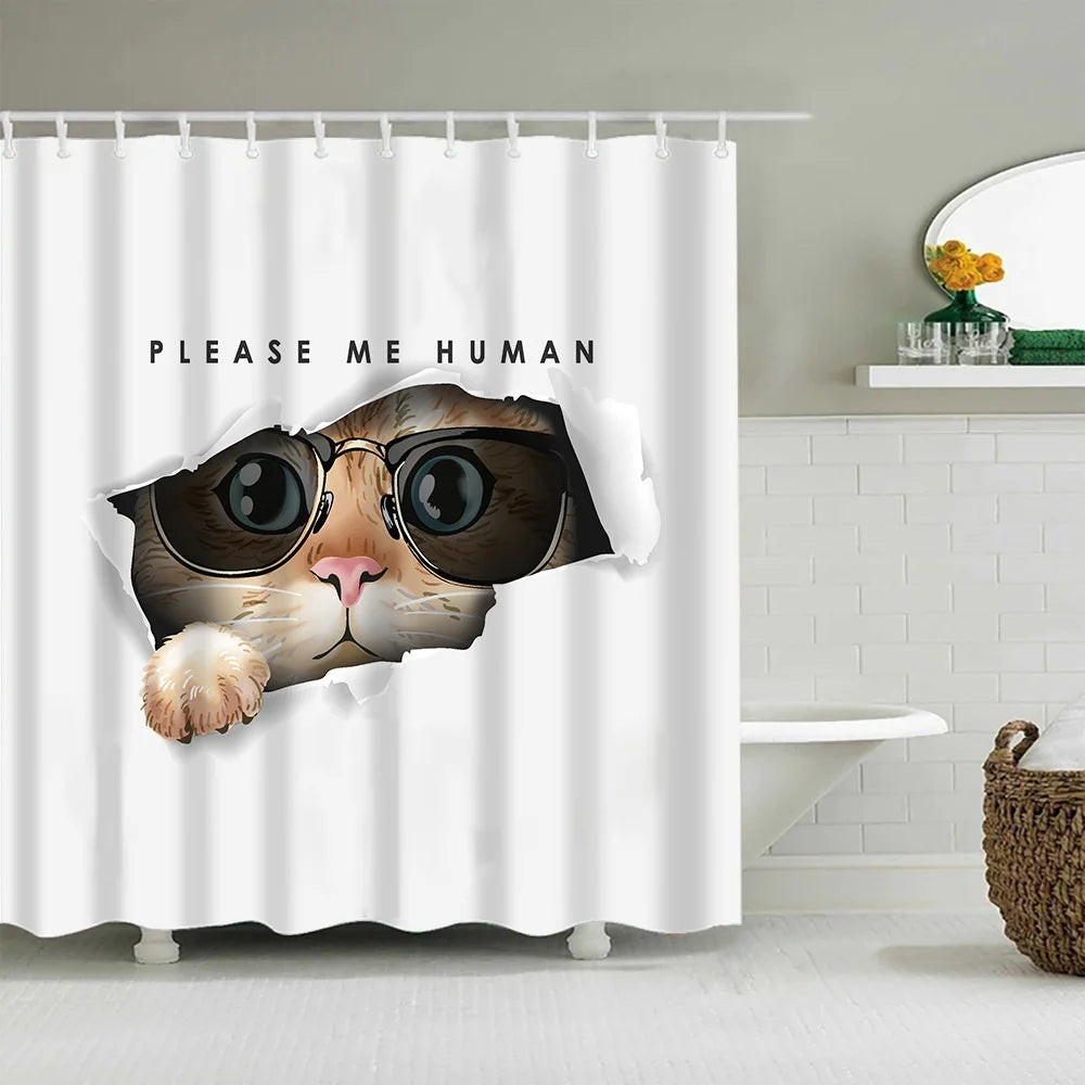 A white shower curtain featuring a cartoon cat wearing sunglasses looking out from the fabric.