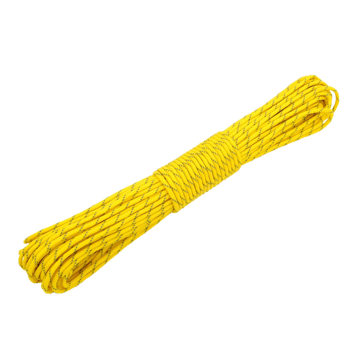 Yellow 4mm heavy-duty paracord rope coiled and laid out for outdoor utility use