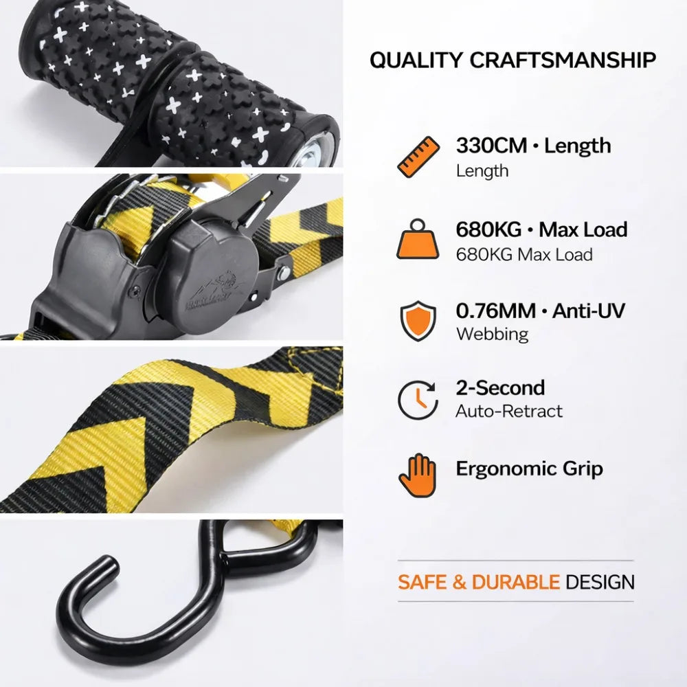 Close-up view of a black and yellow heavy duty retractable ratchet tie-down strap with specifications listed.
