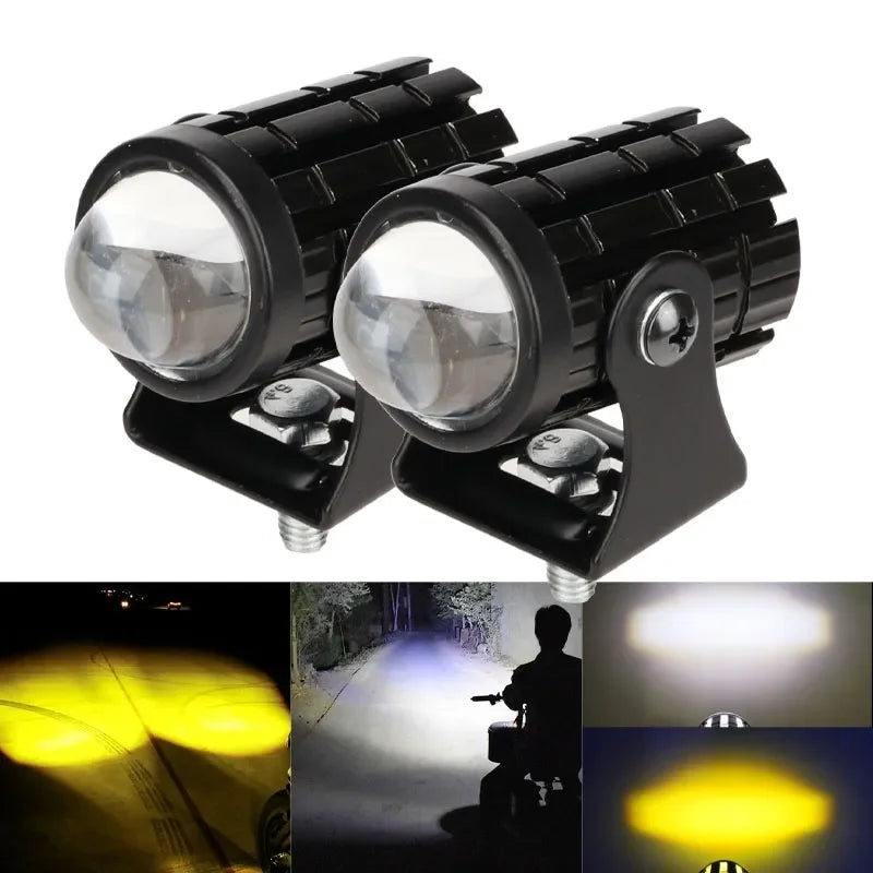 A pair of black LED motorcycle auxiliary fog lights with projector lenses and dual-color illumination.
