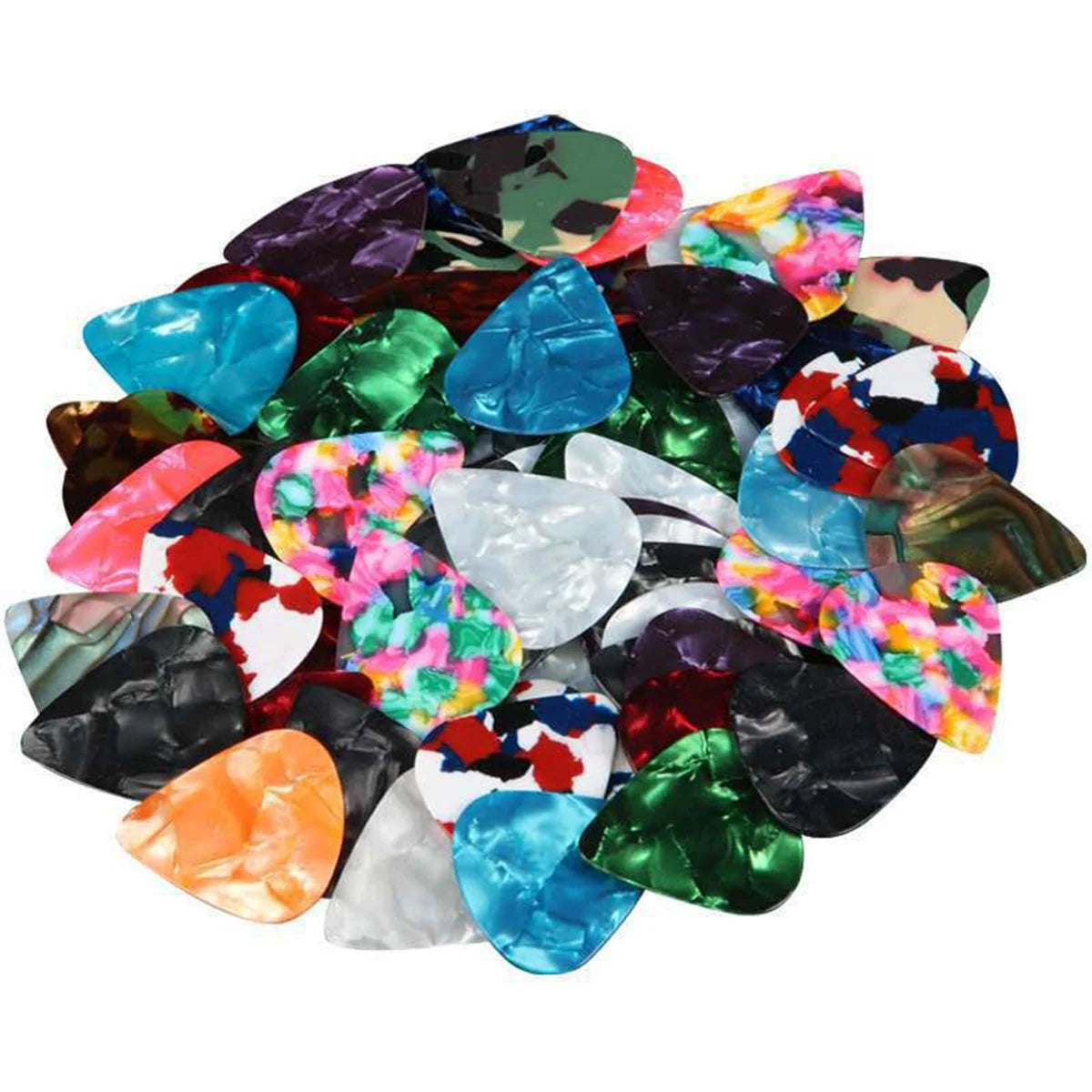 A pile of assorted guitar picks in various colors and thicknesses.