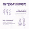 Diagram showing benefits of essential oil including heat sensation, high permeability, and deep penetration into the skin.