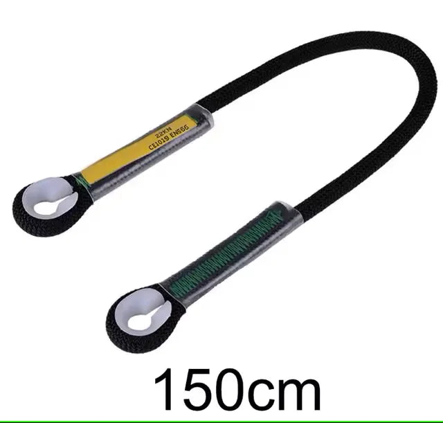 Black nylon cord loop sling with metal ends and a yellow-green colored label, measuring 150cm.