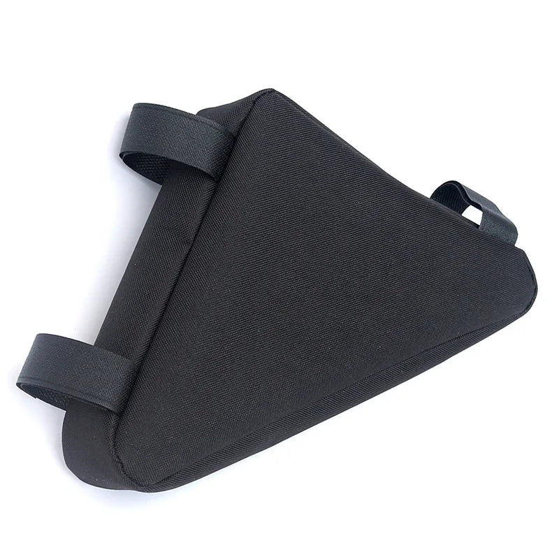 Black waterproof bike frame bag with velcro straps shown from above.