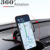 A smartphone is mounted on a car dashboard, displaying a navigation map, demonstrating the 360° rotation feature of a univers