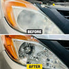 Before and after comparison of a car headlight lens restoration polish application.