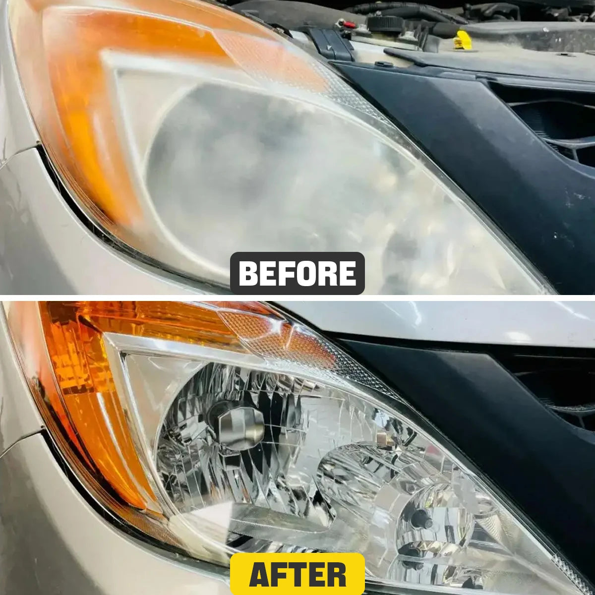 Before and after comparison of a car headlight lens restoration polish application.