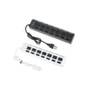 Schwarzer 7-Port-USB-Splitter-Hub mit Ein-/Ausschaltern und weiße Version.