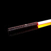 A close-up view of an RGB metal lightsaber with a black hilt and a glowing red and yellow blade against a black background.