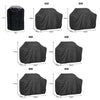Various sizes of a black heavy-duty waterproof BBQ grill cover shown with dimension guides.
