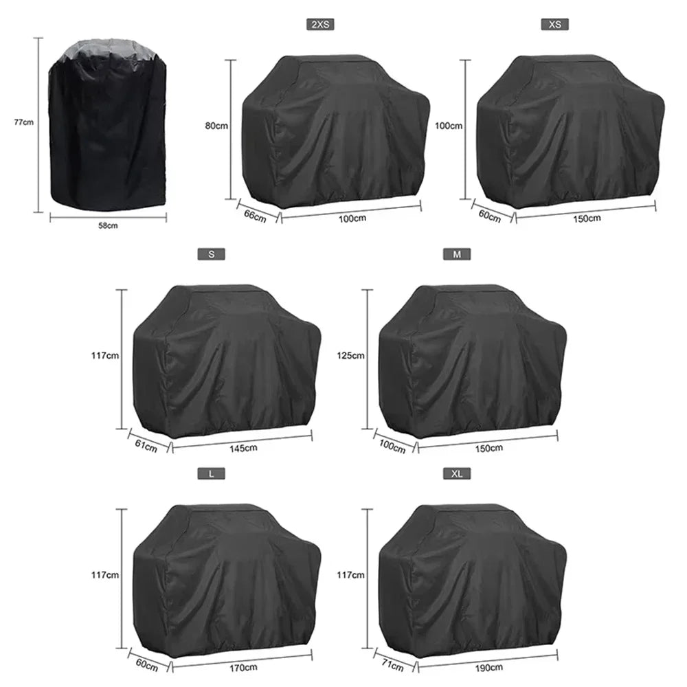 Various sizes of a black heavy-duty waterproof BBQ grill cover shown with dimension guides.