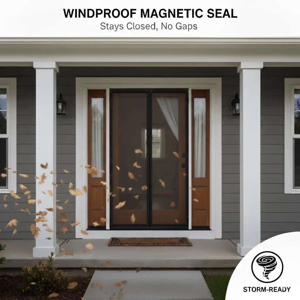 A windproof magnetic seal door installed in a porch, showing the frame and glass panels.