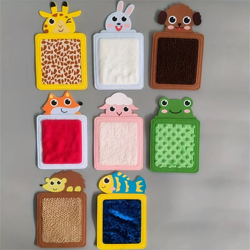 Eight animal-themed sensory mats featuring various textures and felt boards for children