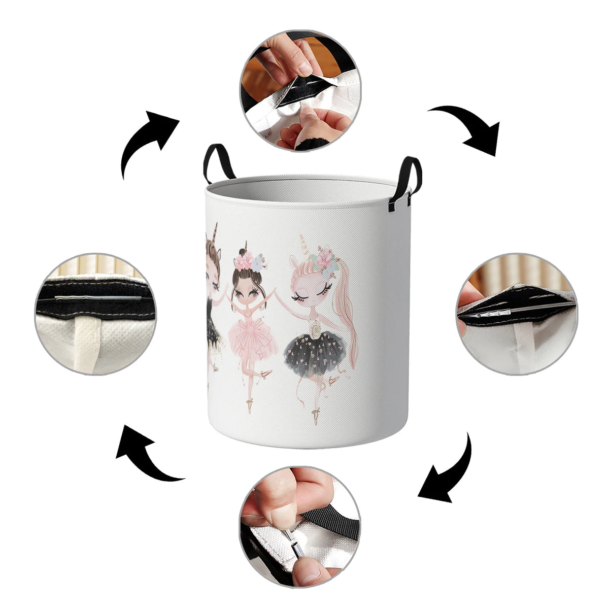 A white storage basket with a unicorn ballerina print, shown from various angles.